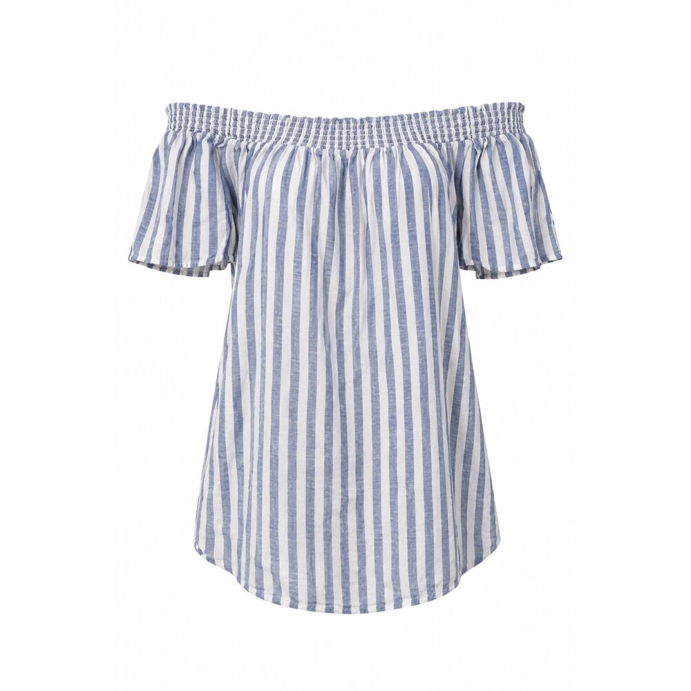 Cynthia Rowley 100%Linen Blue White Striped OffShoulder TunicTop Medium Nautical